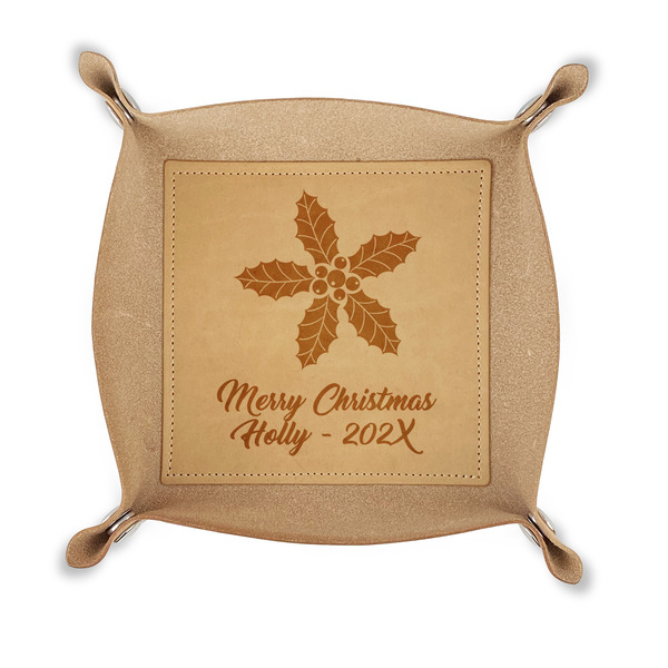 Custom Christmas Holly Genuine Leather Dice Tray (Personalized)