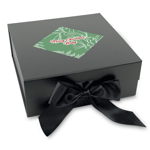 Custom Christmas Holly Gift Box with Magnetic Lid - Black (Personalized)