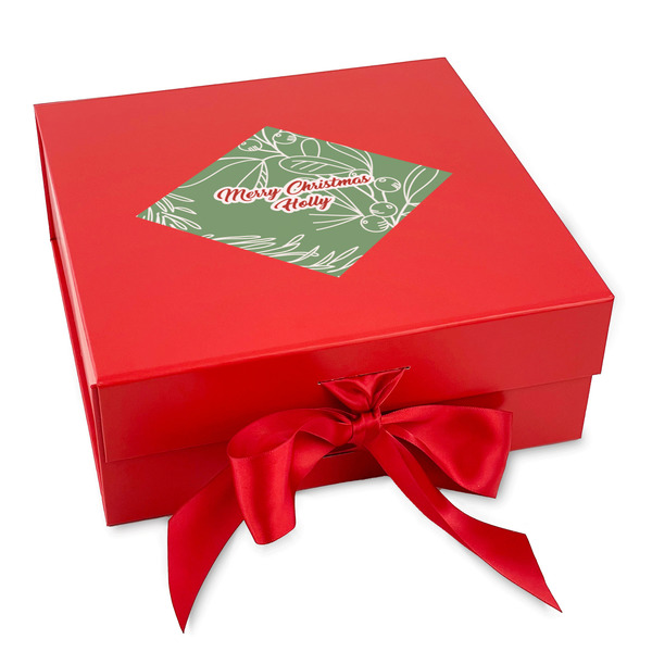 Custom Christmas Holly Gift Box with Magnetic Lid - Red (Personalized)