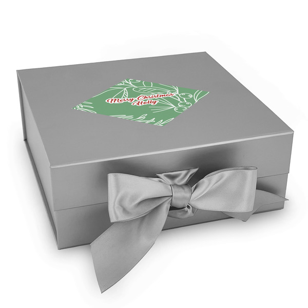 Custom Christmas Holly Gift Box with Magnetic Lid - Silver (Personalized)