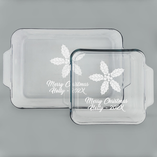 Custom Christmas Holly Set of Glass Baking & Cake Dish - 13in x 9in & 8in x 8in (Personalized)