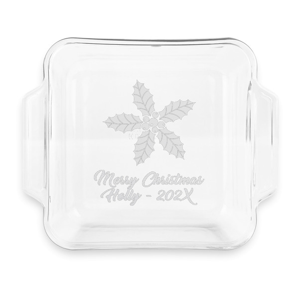 Custom Christmas Holly Glass Cake Dish with Truefit Lid - 8in x 8in (Personalized)