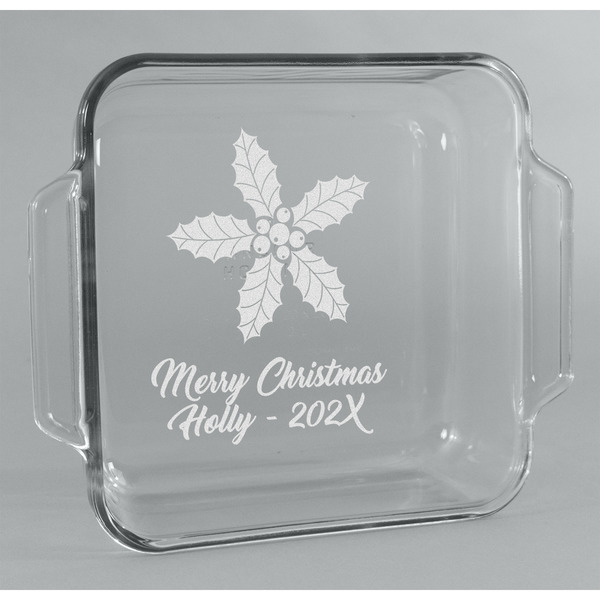 Custom Christmas Holly Glass Cake Dish - 8in x 8in (Personalized)