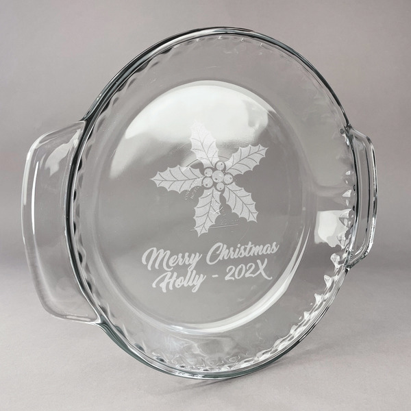 Custom Christmas Holly Glass Pie Dish - 9.5in Round (Personalized)