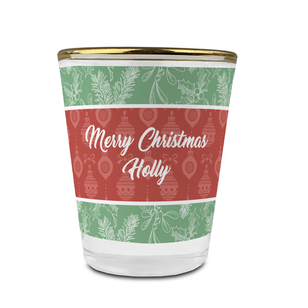 Custom Christmas Holly Glass Shot Glass - 1.5 oz - with Gold Rim - Single (Personalized)