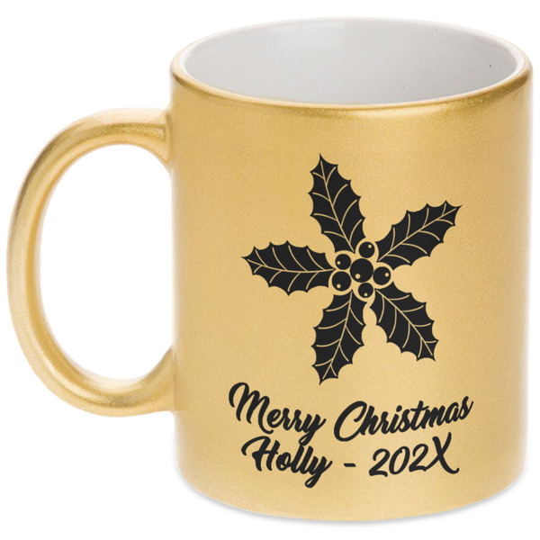Custom Christmas Holly Metallic Gold Mug (Personalized)
