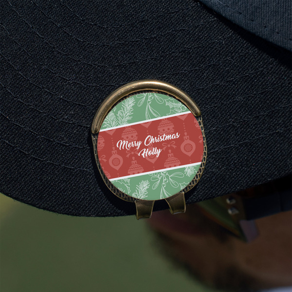 Christmas Holly Golf Ball Marker Hat Clip - Gold - On Hat