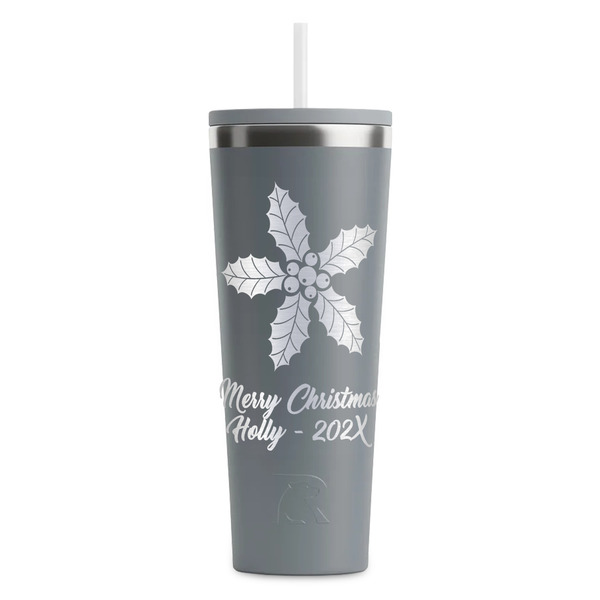 Custom Christmas Holly RTIC Everyday Tumbler with Straw - 28oz - Grey - Double-Sided (Personalized)