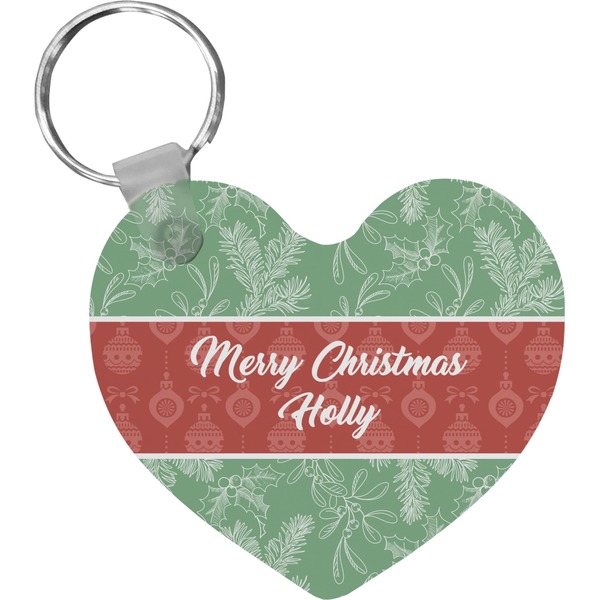 Custom Christmas Holly Heart Plastic Keychain w/ Name or Text