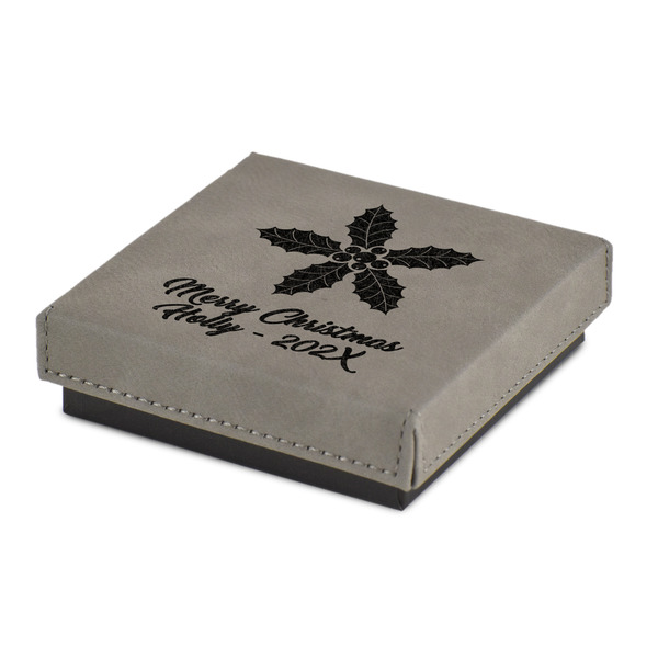 Custom Christmas Holly Jewelry Gift Box - Engraved Leather Lid (Personalized)