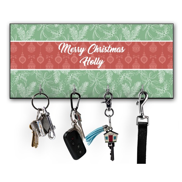 Custom Christmas Holly Key Hanger w/ 4 Hooks w/ Name or Text