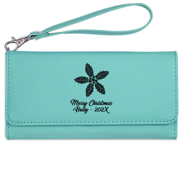 Custom Christmas Holly Ladies Leatherette Wallet - Laser Engraved- Teal (Personalized)