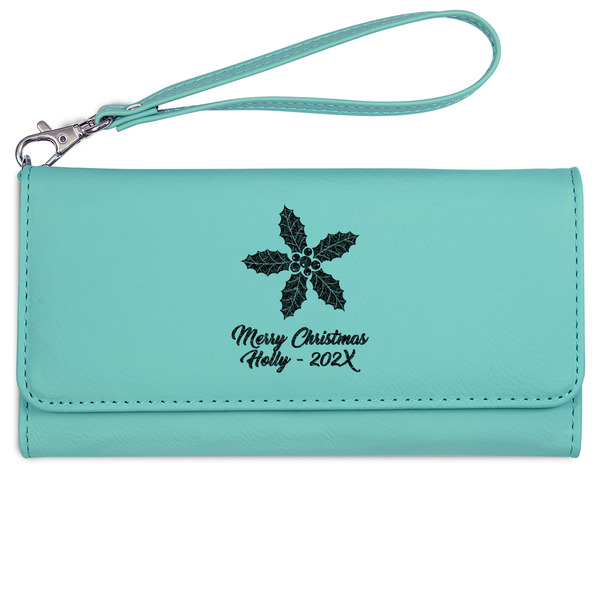 Christmas Holly Ladies Wallet - Leather - Teal - Front View