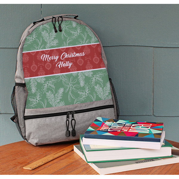 Christmas Holly Large Backpack - Gray - On Desk