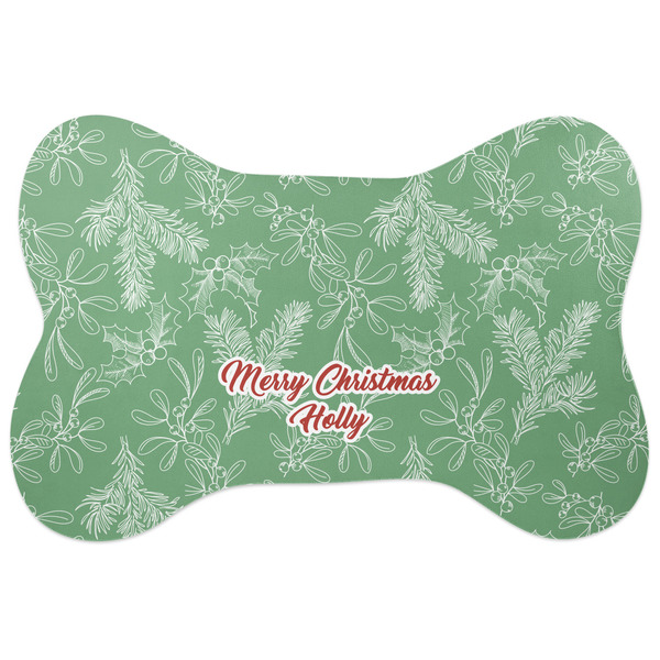 Custom Christmas Holly Bone Shaped Dog Food Mat (Large) (Personalized)
