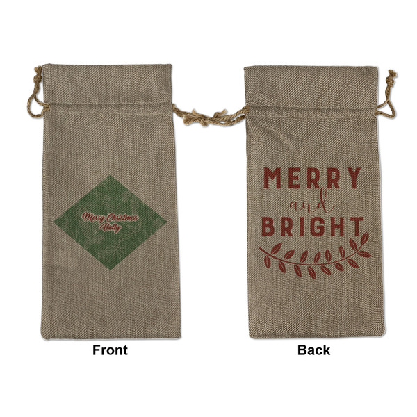 Custom Christmas Holly Large Burlap Gift Bag - Front & Back (Personalized)