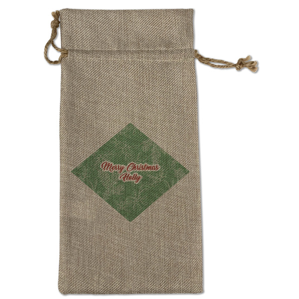 Custom Christmas Holly Large Burlap Gift Bag - Front (Personalized)