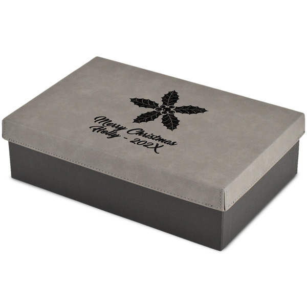 Custom Christmas Holly Large Gift Box w/ Engraved Leather Lid (Personalized)