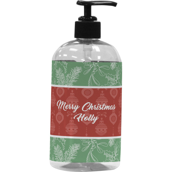 Custom Christmas Holly Plastic Soap / Lotion Dispenser (16 oz - Large - Black) (Personalized)