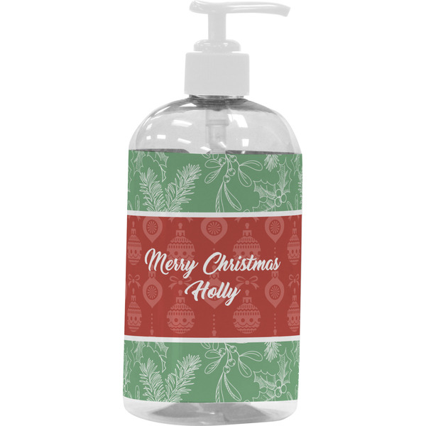 Custom Christmas Holly Plastic Soap / Lotion Dispenser (16 oz - Large - White) (Personalized)