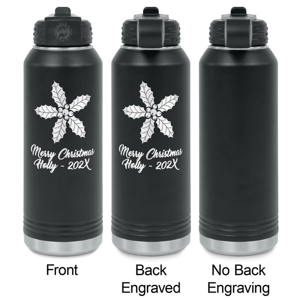 Christmas Holly Laser Engraved Water Bottles - 2 Styles - Front & Back View