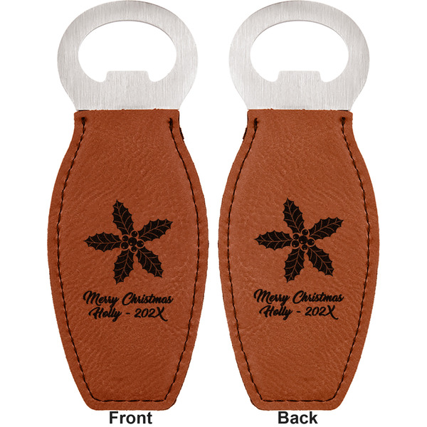 Christmas Holly Leather Bar Bottle Opener - Front and Back (double sided)