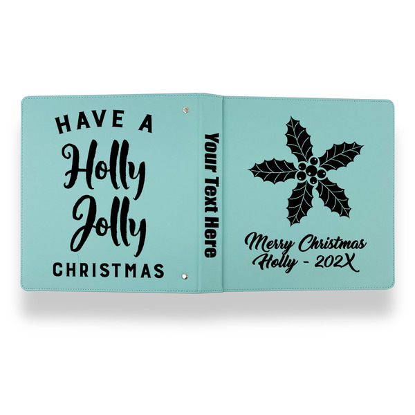 Christmas Holly Leather Binder - 1" - Teal - Back Spine Front View