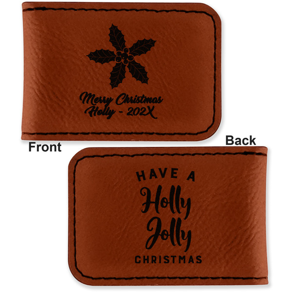 Christmas Holly Leatherette Magnetic Money Clip - Front and Back