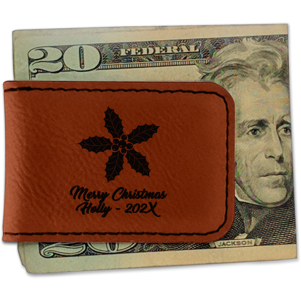 Custom Christmas Holly Leatherette Magnetic Money Clip - Single Sided (Personalized)