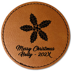 Christmas Holly Faux Leather Iron On Patch - Round (Personalized)