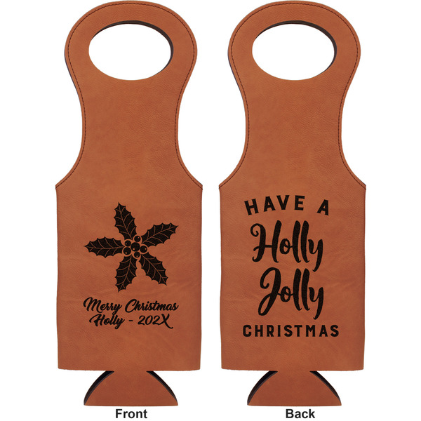 Christmas Holly Leatherette Wine Tote Double Sided - Front and Back