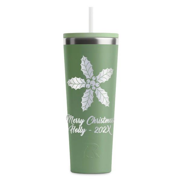 Custom Christmas Holly RTIC Everyday Tumbler with Straw - 28oz - Light Green - Double-Sided (Personalized)