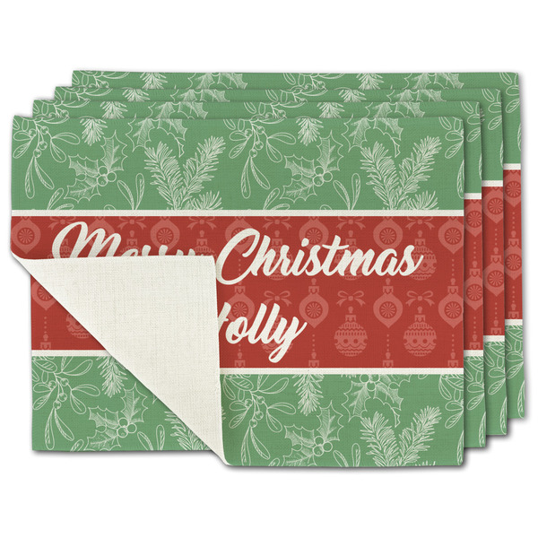 Custom Christmas Holly Single-Sided Linen Placemat - Set of 4 w/ Name or Text