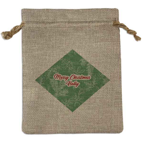 Custom Christmas Holly Medium Burlap Gift Bag - Front (Personalized)