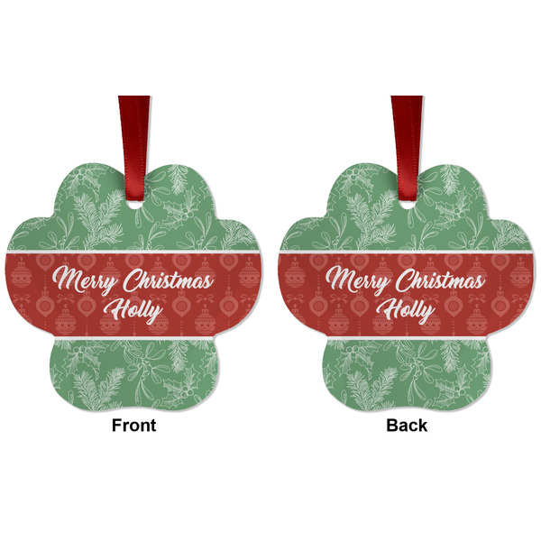 Christmas Holly Metal Paw Ornament - Front and Back