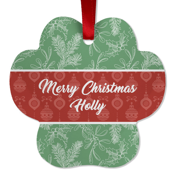 Custom Christmas Holly Metal Paw Ornament - Double Sided w/ Name or Text