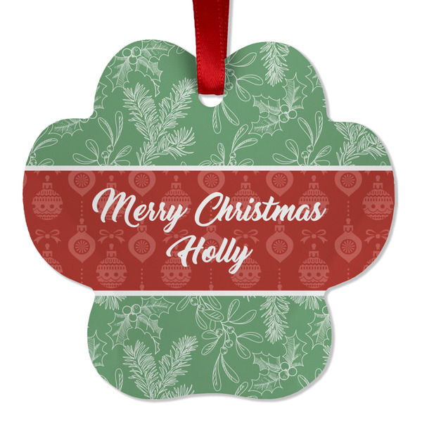 Custom Christmas Holly Metal Paw Ornament - Double Sided w/ Name or Text