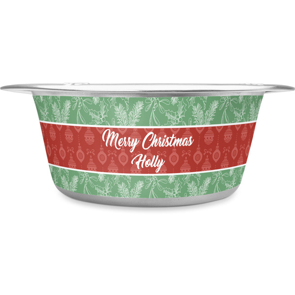 Custom Christmas Holly Stainless Steel Dog Bowl - Medium (Personalized)