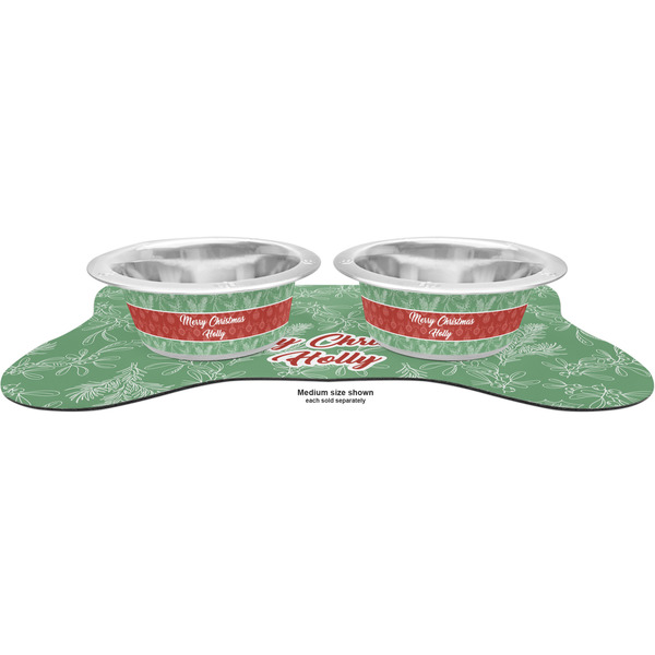 Christmas Holly Metal Pet Bowls - On Dog Bone Shaped Mat