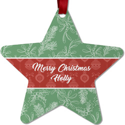 Christmas Holly Metal Star Ornament - Double Sided w/ Name or Text
