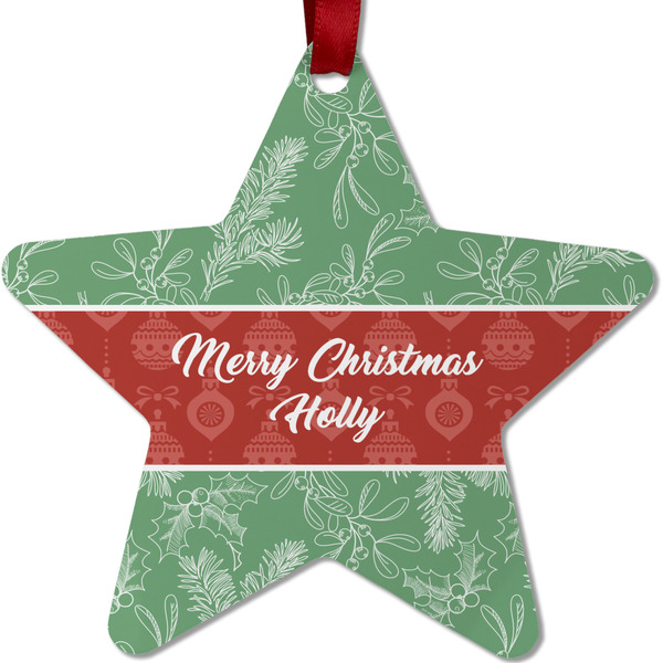 Custom Christmas Holly Metal Star Ornament - Double Sided w/ Name or Text