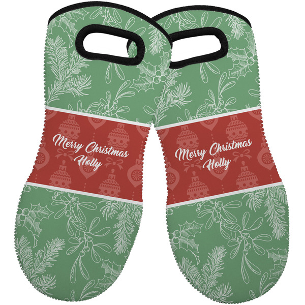 Custom Christmas Holly Neoprene Oven Mitts - Set of 2 w/ Name or Text