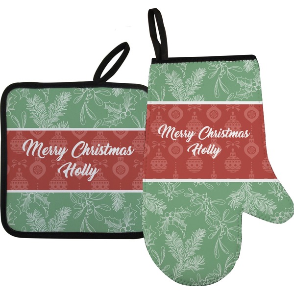Custom Christmas Holly Right Oven Mitt & Pot Holder Set w/ Name or Text