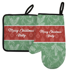 Christmas Holly Left Oven Mitt & Pot Holder Set w/ Name or Text