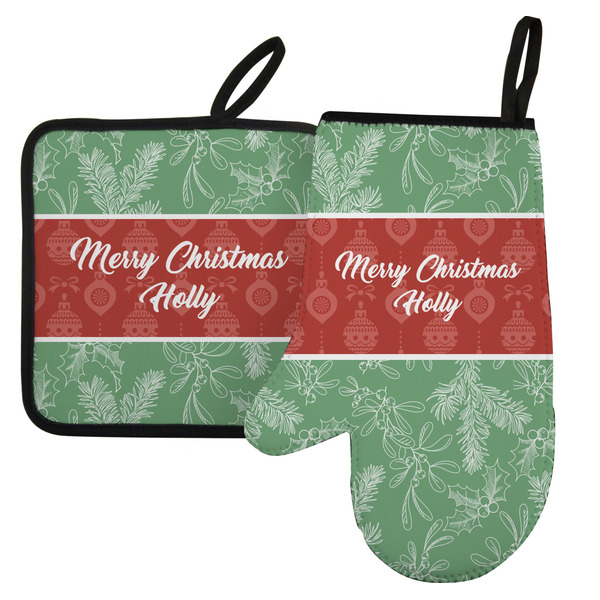 Custom Christmas Holly Left Oven Mitt & Pot Holder Set w/ Name or Text