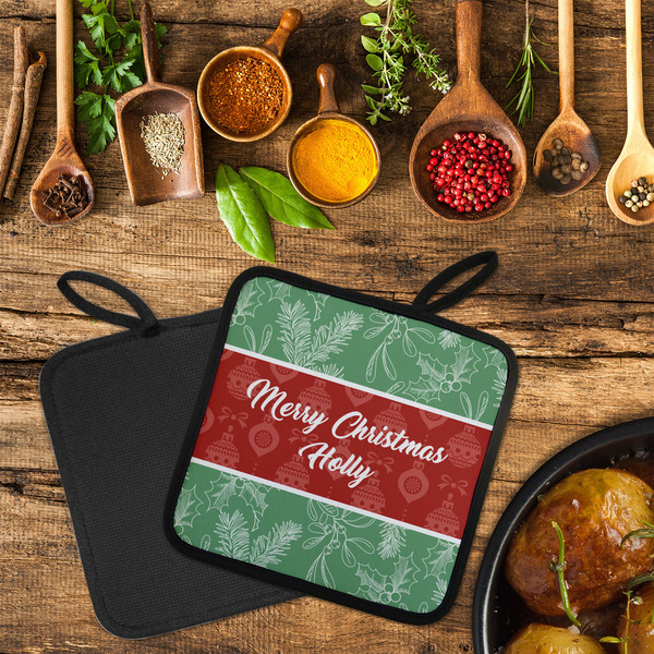 Christmas Holly Neoprene Pot Holder - Set of 2  LIFESTYLE (Flatlay)