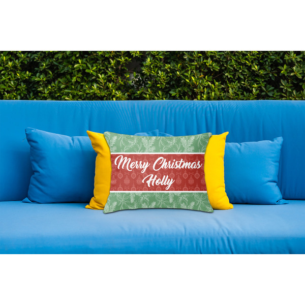 Christmas Holly Outdoor Throw Pillow  - LIFESTYLE (Rectangular - 20x14)