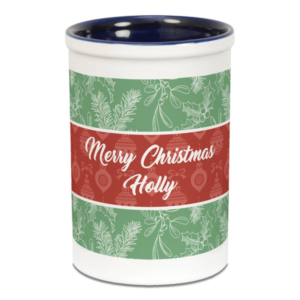 Custom Christmas Holly Ceramic Pencil Holders - Blue