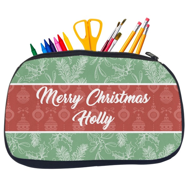 Custom Christmas Holly Neoprene Pencil Case - Medium w/ Name or Text