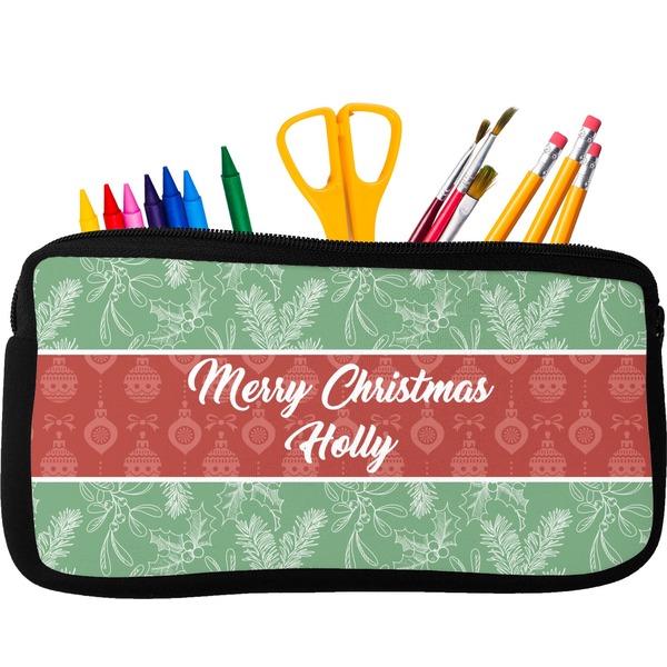 Custom Christmas Holly Neoprene Pencil Case - Small w/ Name or Text